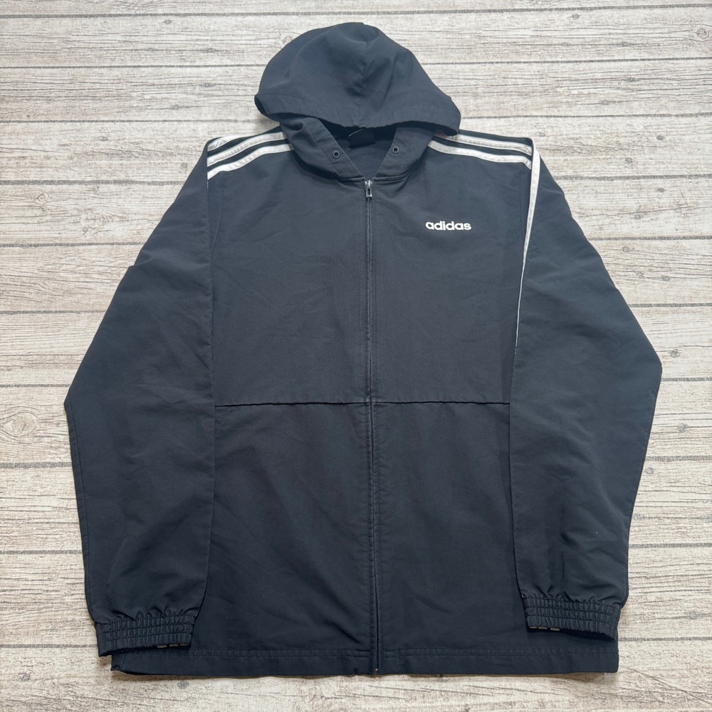 Adidas Track Jacket Men's Medium Black 3-Stripe Hooded Windbreaker Activewear